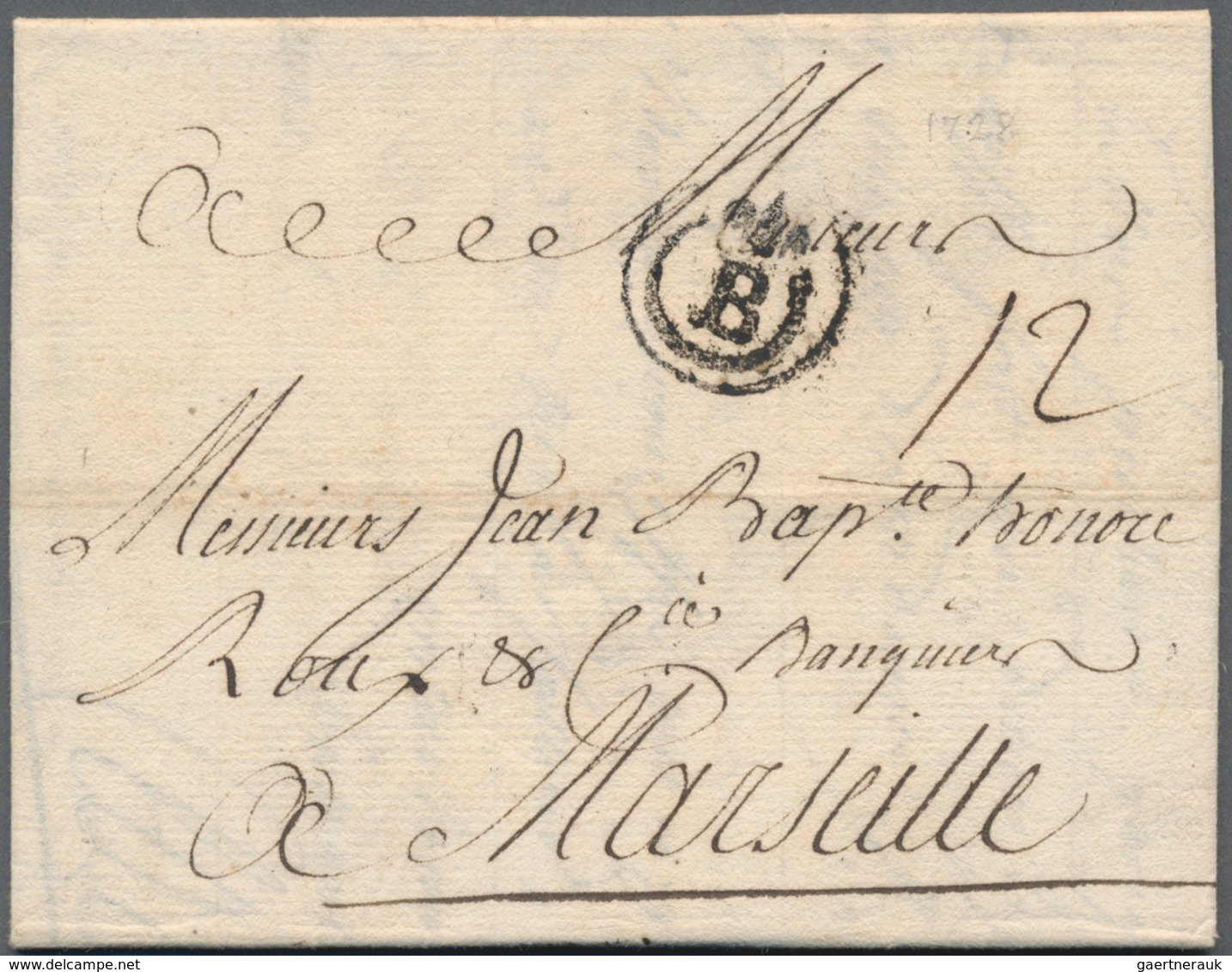 Frankreich - Vorphilatelie: 1728, "lily Over B" In A Double Circle, Early Very Rare Cancel On Folded - 1792-1815: Veroverde Departementen