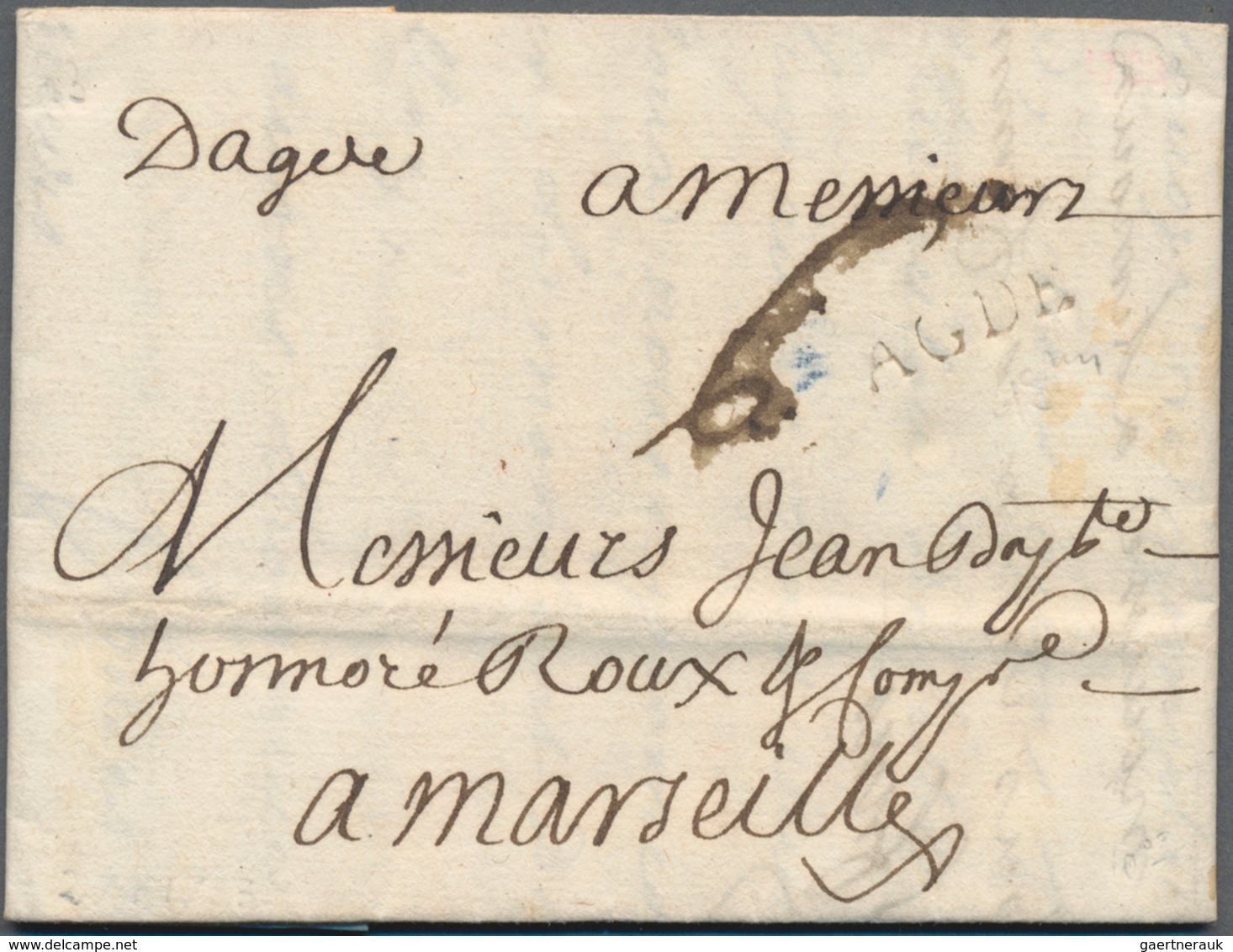 Frankreich - Vorphilatelie: 1733, "AGDE" On-liner And Handwritten "Dagde" And Tax "6" On Complete Fo - 1792-1815: Départements Conquis