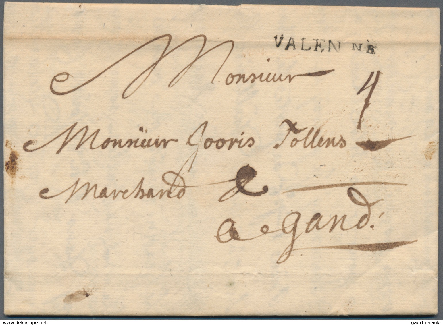 Frankreich - Vorphilatelie: 1736, "VALEN NE" (= Valencienes) One-liner And Handwritten Tax "4" On Co - 1792-1815: Conquered Departments