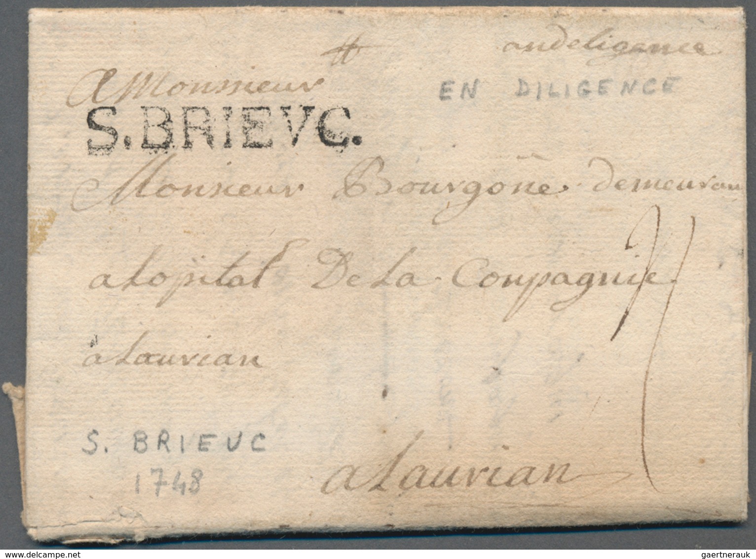 Frankreich - Vorphilatelie: 1744, "S. BRIEVC." And Handwritten "en Deligence" On Folded Letter To A - 1792-1815: Départements Conquis