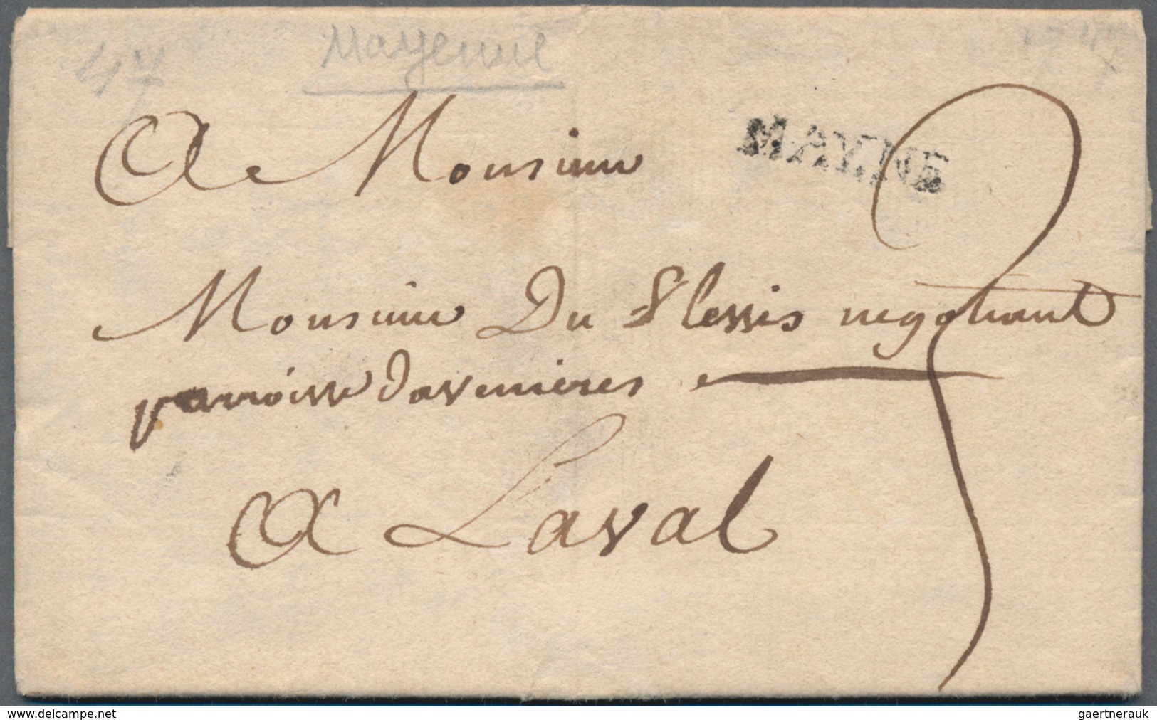 Frankreich - Vorphilatelie: 1747, "MAY.NE" (Mayenne) Rare One-liner From The Dept. 51 On Folded Tax- - 1792-1815: Veroverde Departementen