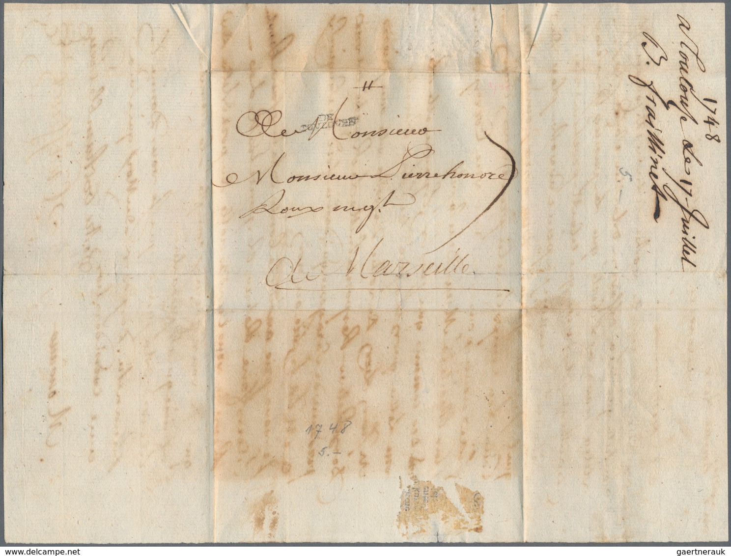 Frankreich - Vorphilatelie: 1748, "DE TOULOUSE" Two-liner (little Type) On Complete Folded Letter To - 1792-1815: Veroverde Departementen