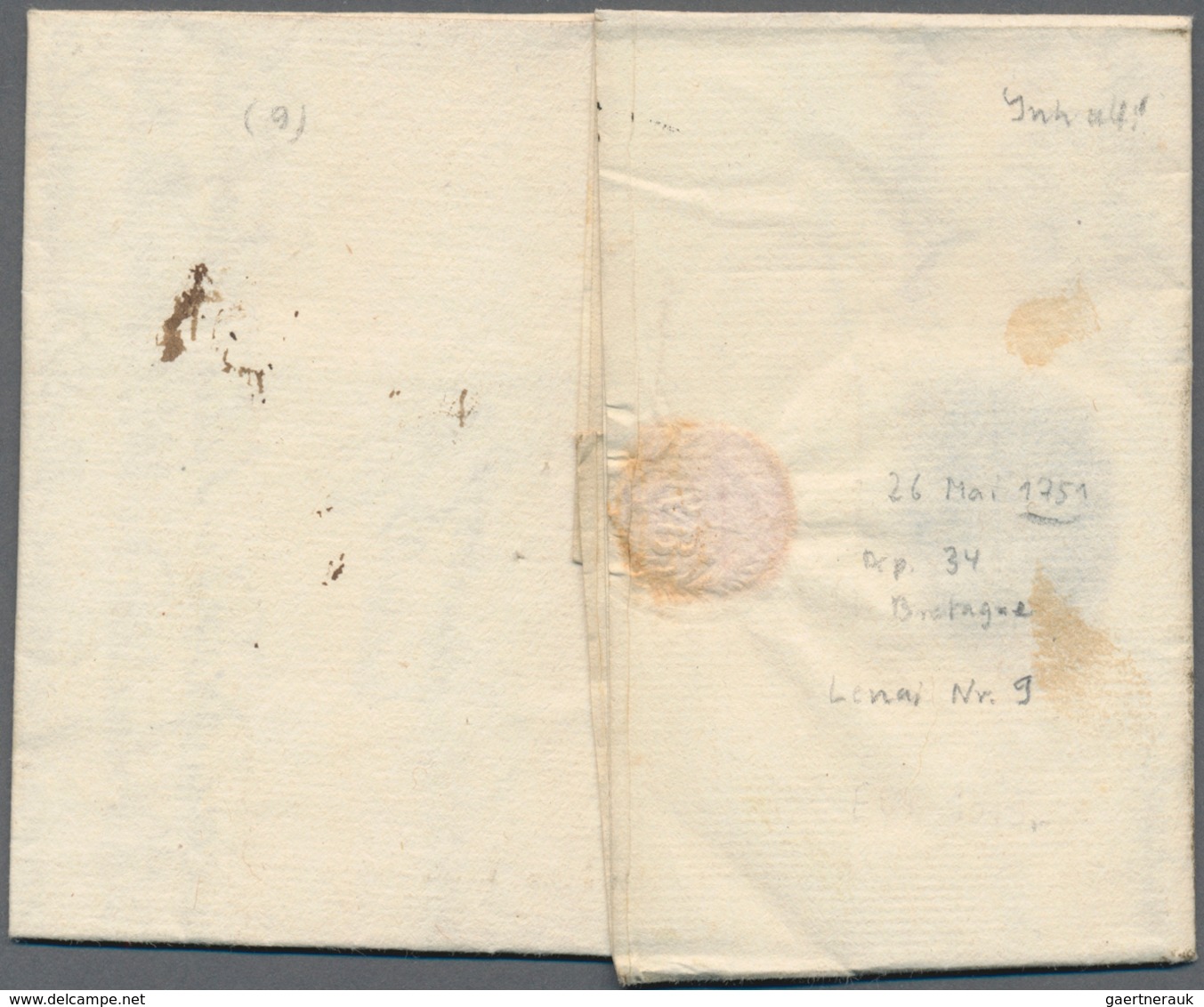 Frankreich - Vorphilatelie: 1751, "S. MALO" One-liner (Lenain No. 9) On Folded Letter To Paris, Rare - 1792-1815: Veroverde Departementen