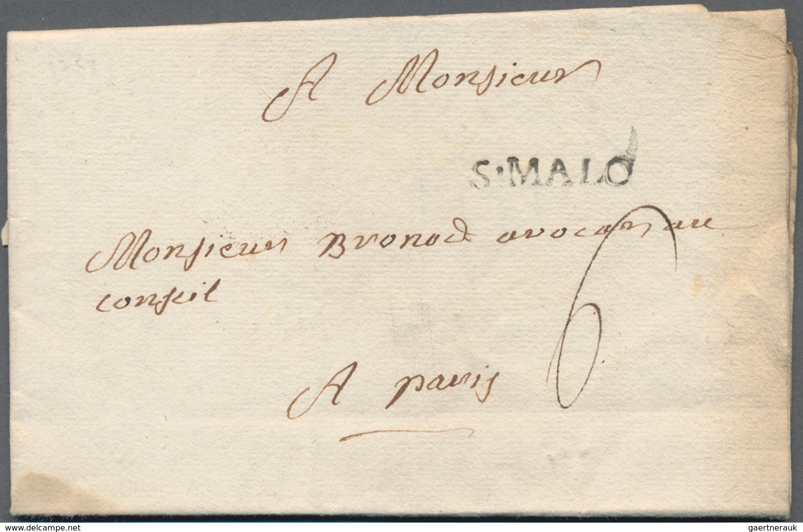 Frankreich - Vorphilatelie: 1753, "S. MALO" One-liner (Lenain No. 10) On Complete Folded Letter To P - 1792-1815: Conquered Departments