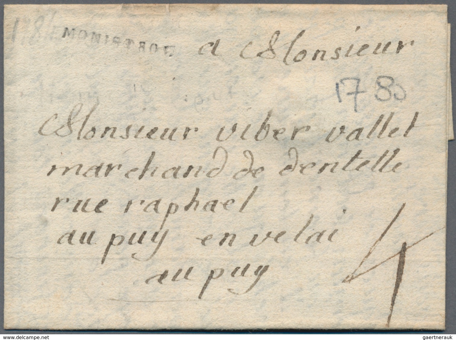 Frankreich - Vorphilatelie: 1780, "MONISTROL" One-liner On Complete Folded Letter With Handwritten T - 1792-1815: Conquered Departments