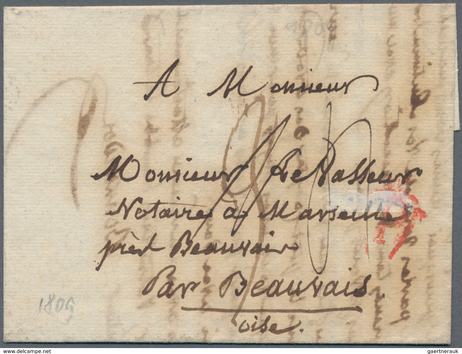 Frankreich - Vorphilatelie: 1809, "Deb De/Beauvais" Red Two-liner On Complete Folded Letter To Paris - 1792-1815: Départements Conquis