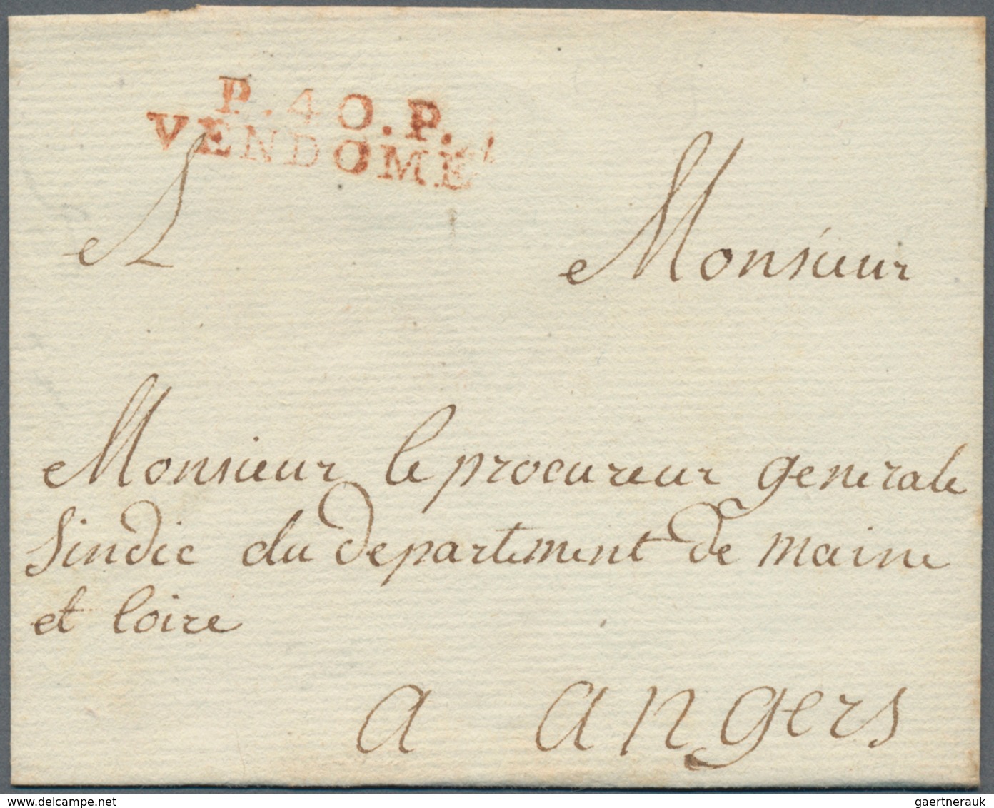 Frankreich - Vorphilatelie: 1815 (ca.), "P.40.P. VENDOME" Red Two-liner On Folded Letter Without Tex - 1792-1815: Départements Conquis