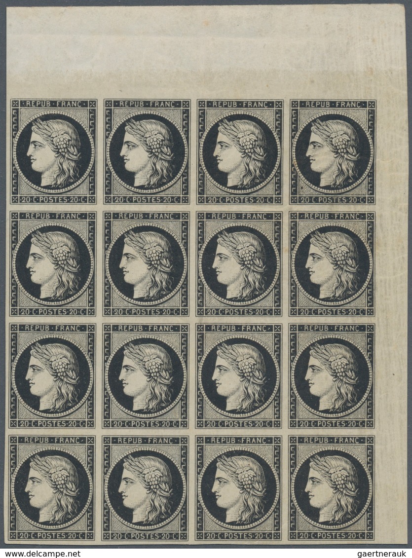 Frankreich: 1849, Ceres 20c. Black, Marginal BLOCK OF 16 From The UPPER RIGHT CORNER OF THE SHEET, F - Andere & Zonder Classificatie