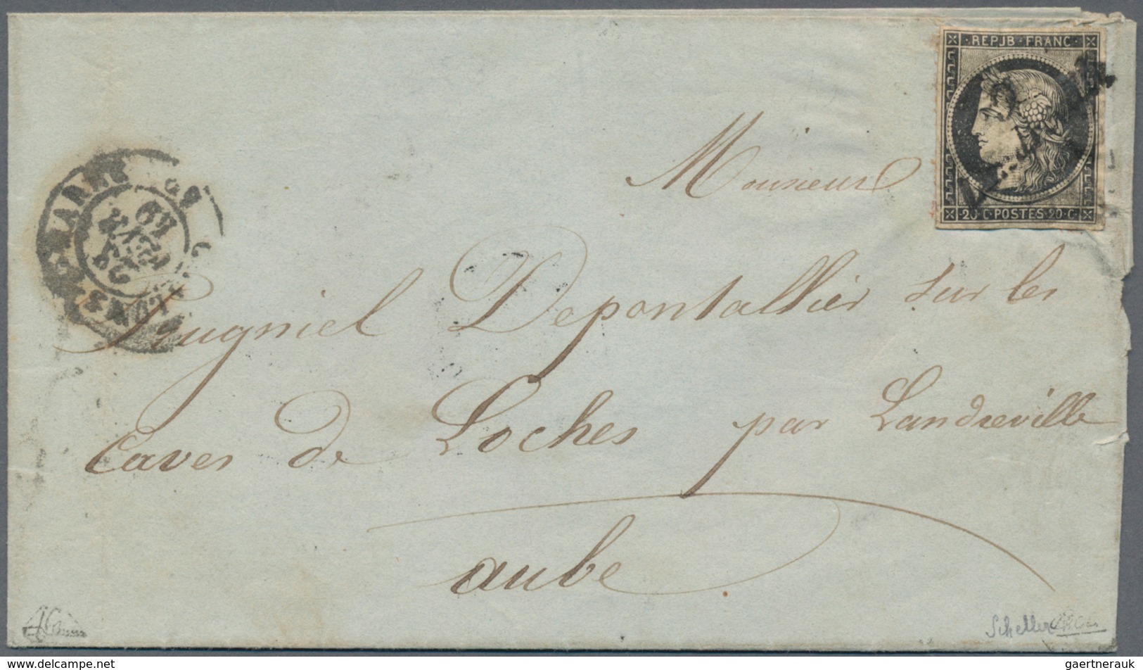 Frankreich: 1849, 1st ISSUE WITH CURSIVE STRAIGHT LINE OBLITERATION: 20c. Black On Lettersheet From - Other & Unclassified