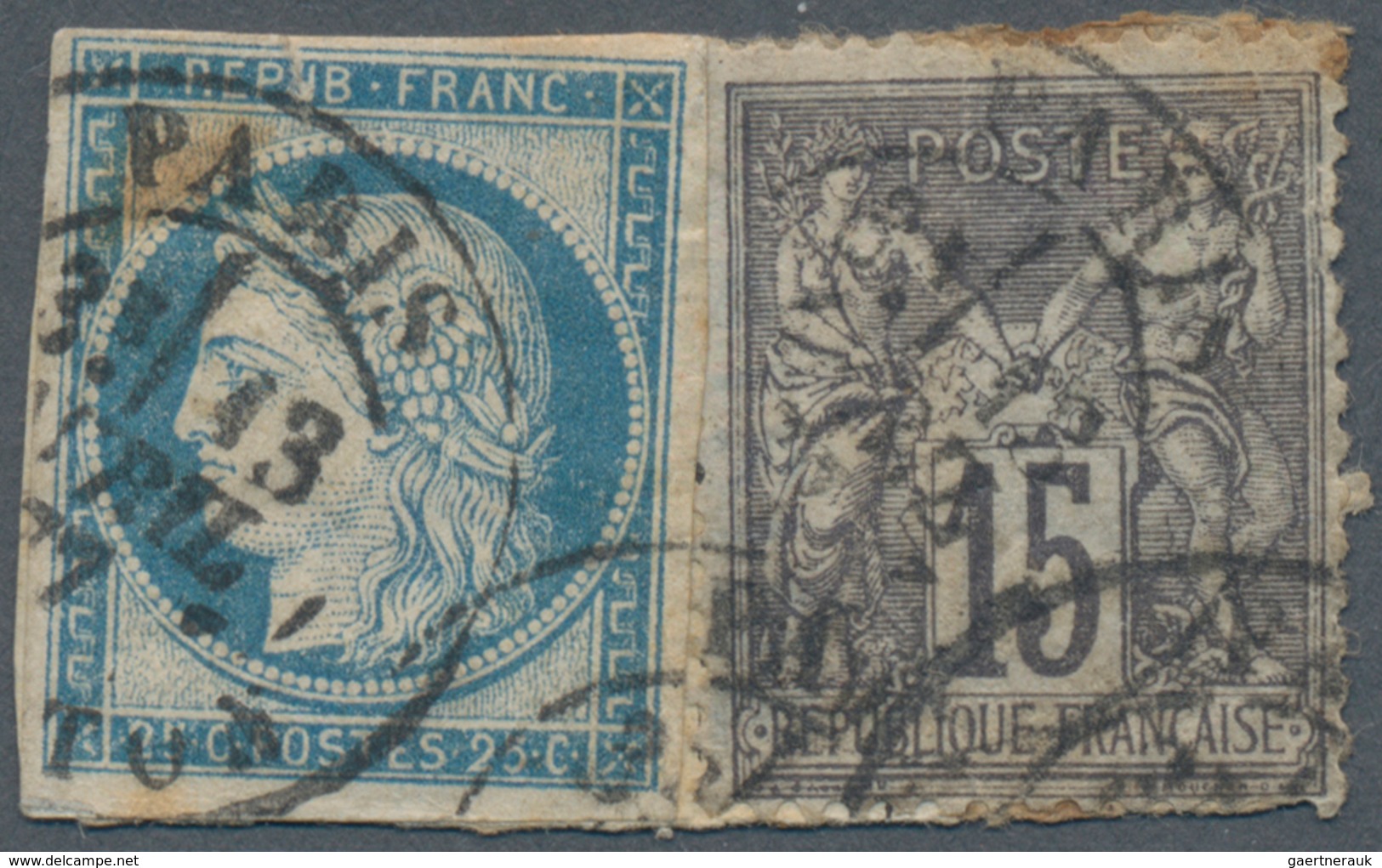 Frankreich: 1850/1876, 25 C Blue Ceres And 15 C Black Allegorie On A Small Piece Cancelled "PARIS 13 - Andere & Zonder Classificatie
