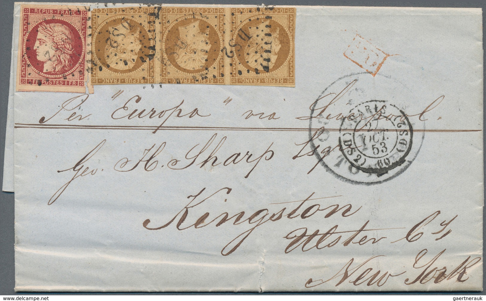 Frankreich: 1853, Ceres 1fr. Carmine In Combination With Presidence 10c. Bistre Horizontal Strip Of - Other & Unclassified
