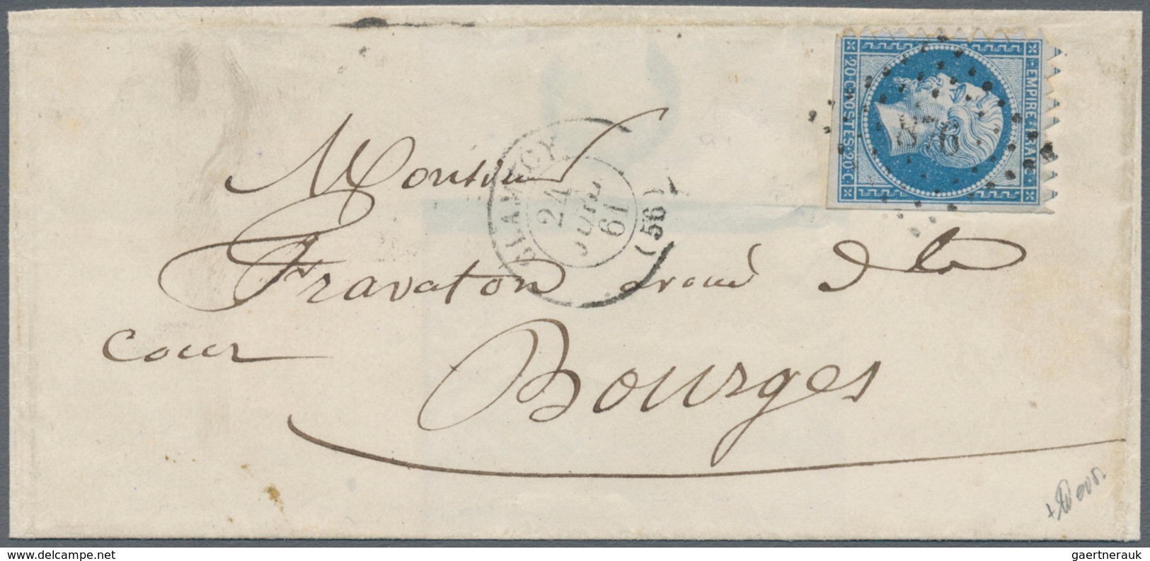 Frankreich: 1853, 20 C Blue On Bluish, Type I, Left And Top Margin With "Clamecy" Perforation, Tied - Sonstige & Ohne Zuordnung