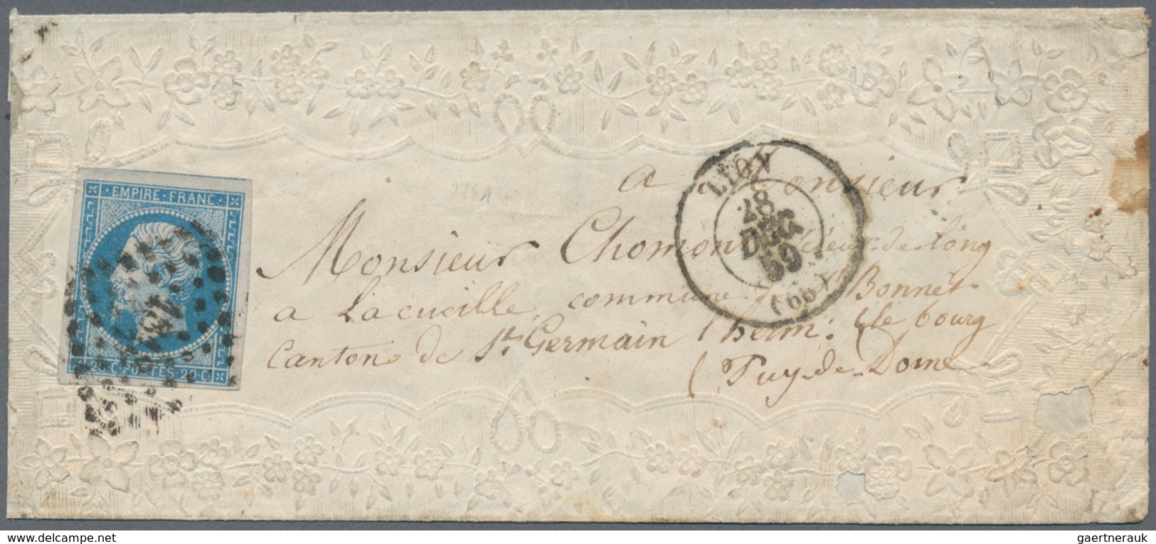 Frankreich: 1859, 20 C Blue Napoleon Single Franking On Ambossing Cover With Flower Ornaments From L - Andere & Zonder Classificatie