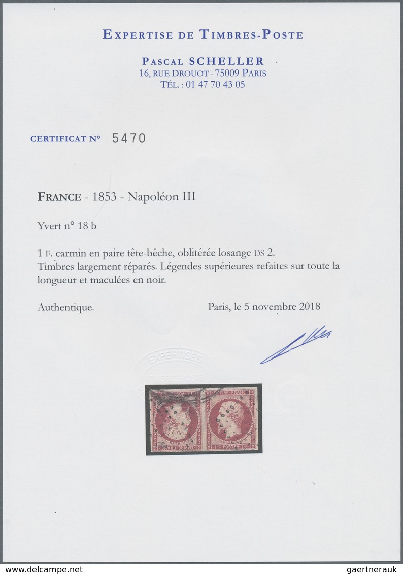 Frankreich: 1853, 1fr. Carmine, Tête-bêche Pair, Fresh Colour And Close To Wide Margins, Repaired, O - Andere & Zonder Classificatie