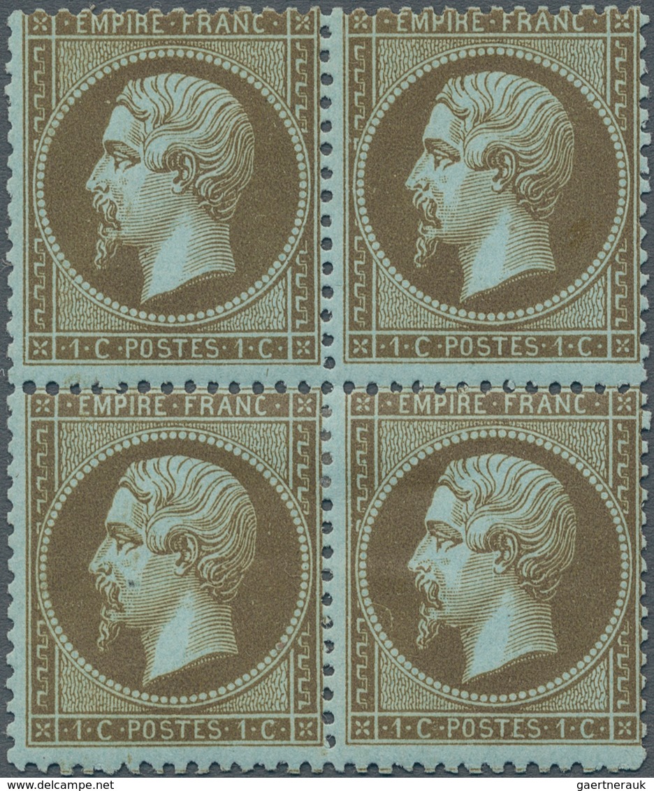 Frankreich: 1865, Napoleon Dentele 1c. "mordore" On Bluish, Block Of Four In Fresh Intense Colour An - Andere & Zonder Classificatie