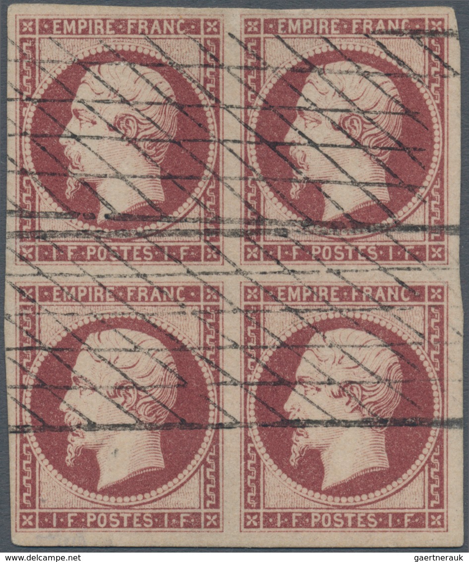 Frankreich: 1853, 1 F Lake On Yellowish, Used Block Of 4 With Open Grill Cancellations, Large To Ver - Sonstige & Ohne Zuordnung