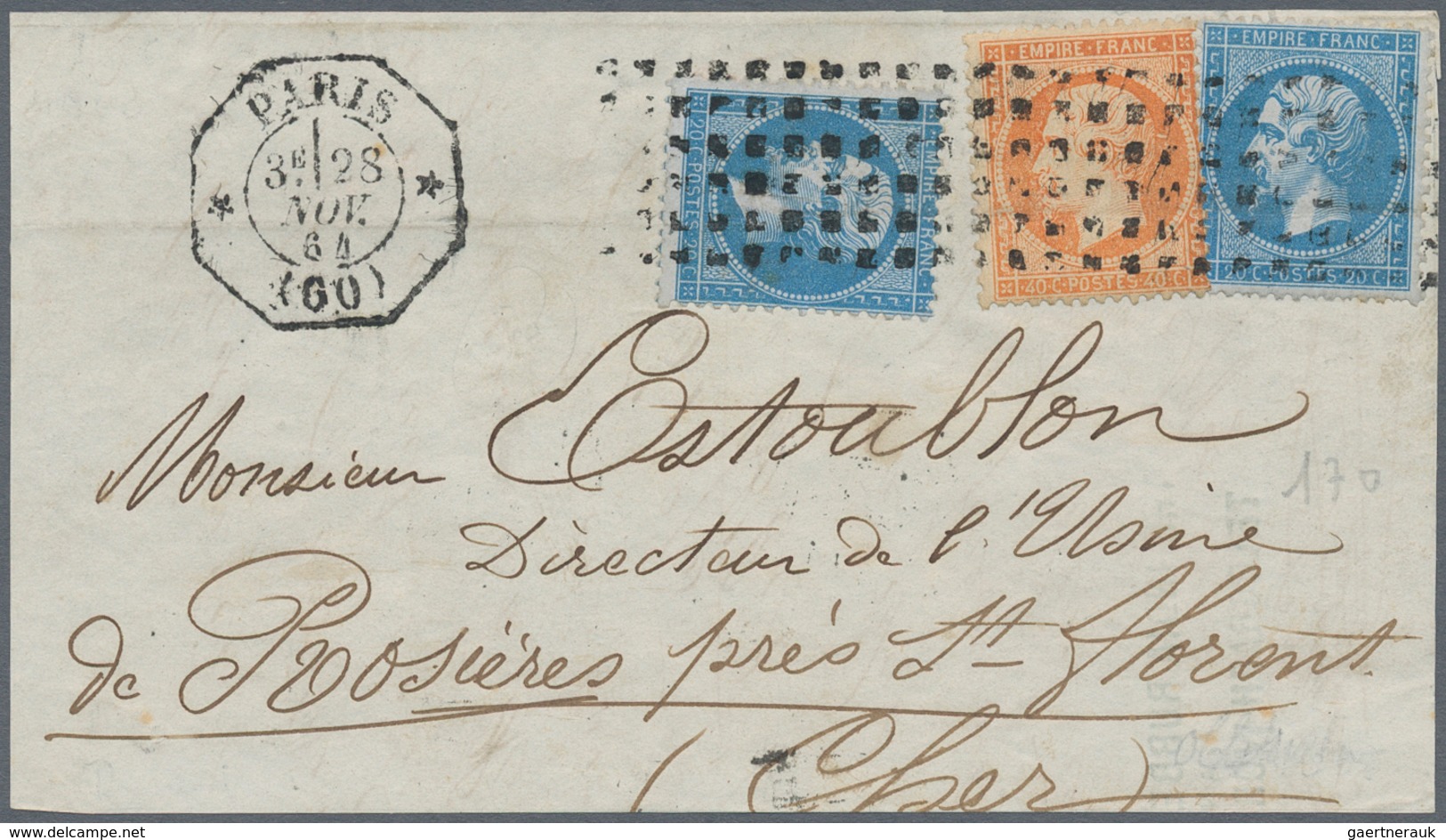 Frankreich: 1864, Napoleon Empire Dentelé 20c Blue X 2 And 40c Orange On COVER FRONT (80c Tariff) Ti - Andere & Zonder Classificatie