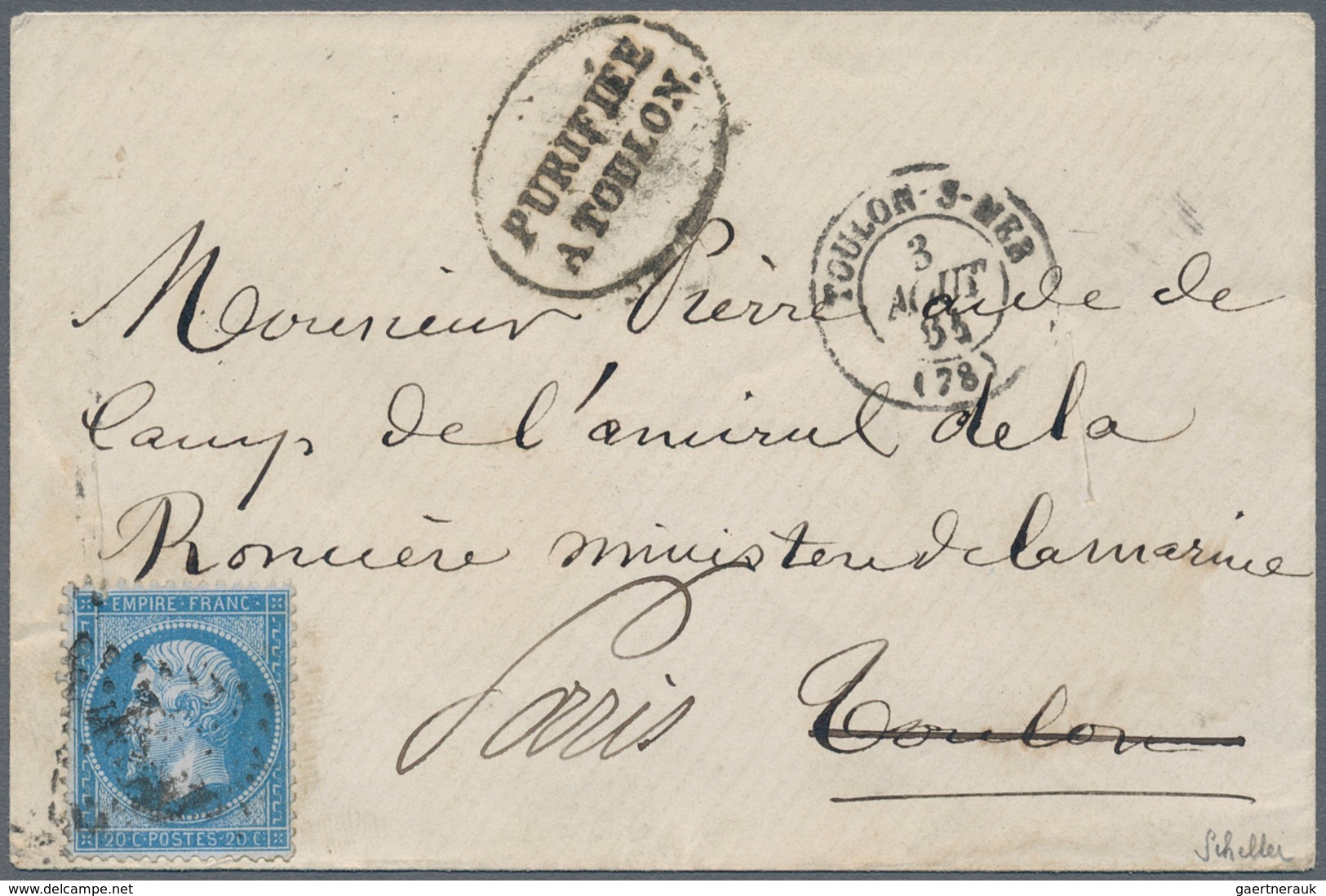 Frankreich: 1863, Disinfected Mail Black Oval Framed "PURIFIEE A TOULON" On Cover Franked With 20C E - Andere & Zonder Classificatie