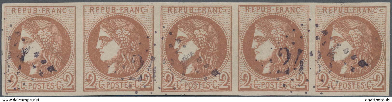 Frankreich: 1870, Bordeaux Issue, 2c. Marron, Horizontal Strip Of Five, Fresh And Intense Colour, Fu - Other & Unclassified