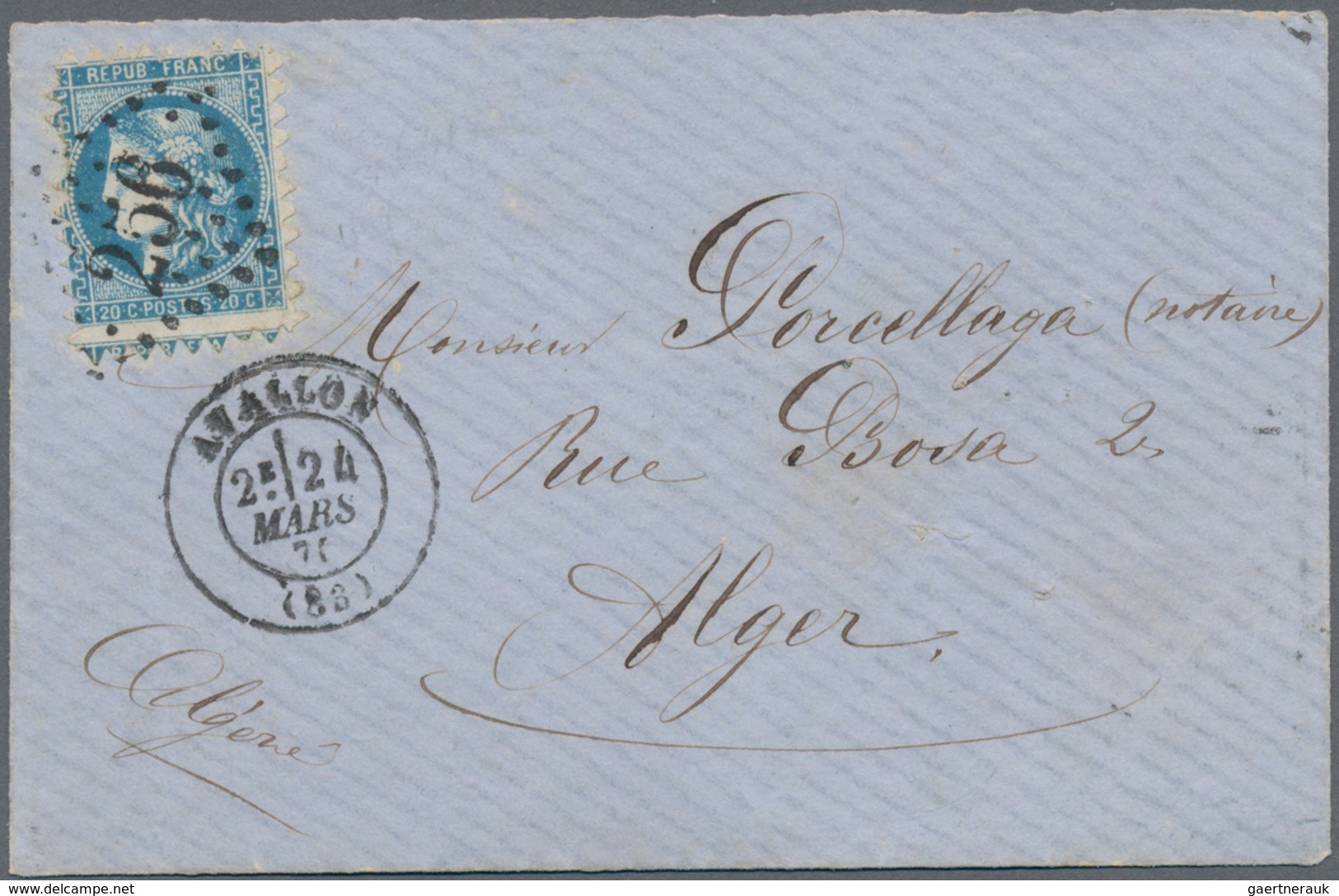 Frankreich: 1871, PIQUAGE D' AVALLON, Bordeaux Issue 20c. Blue Type III With Sawtooth Perforation, S - Andere & Zonder Classificatie