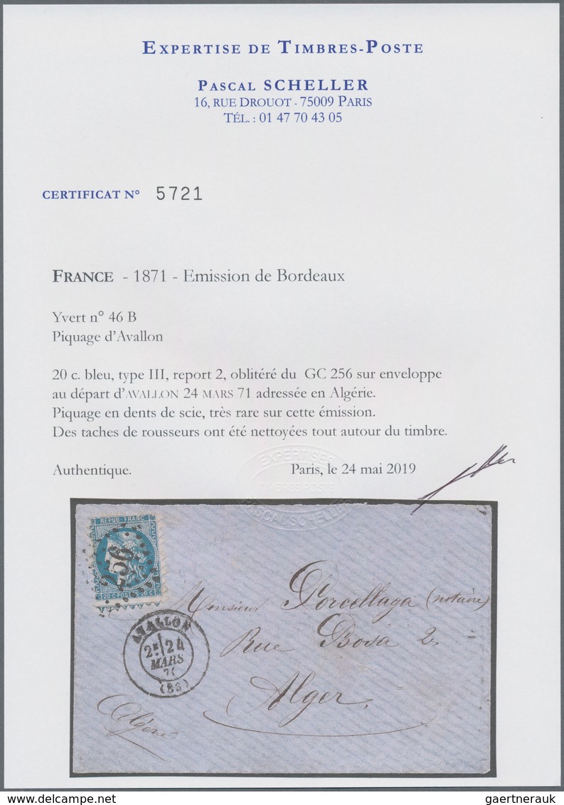 Frankreich: 1871, PIQUAGE D' AVALLON, Bordeaux Issue 20c. Blue Type III With Sawtooth Perforation, S - Autres & Non Classés