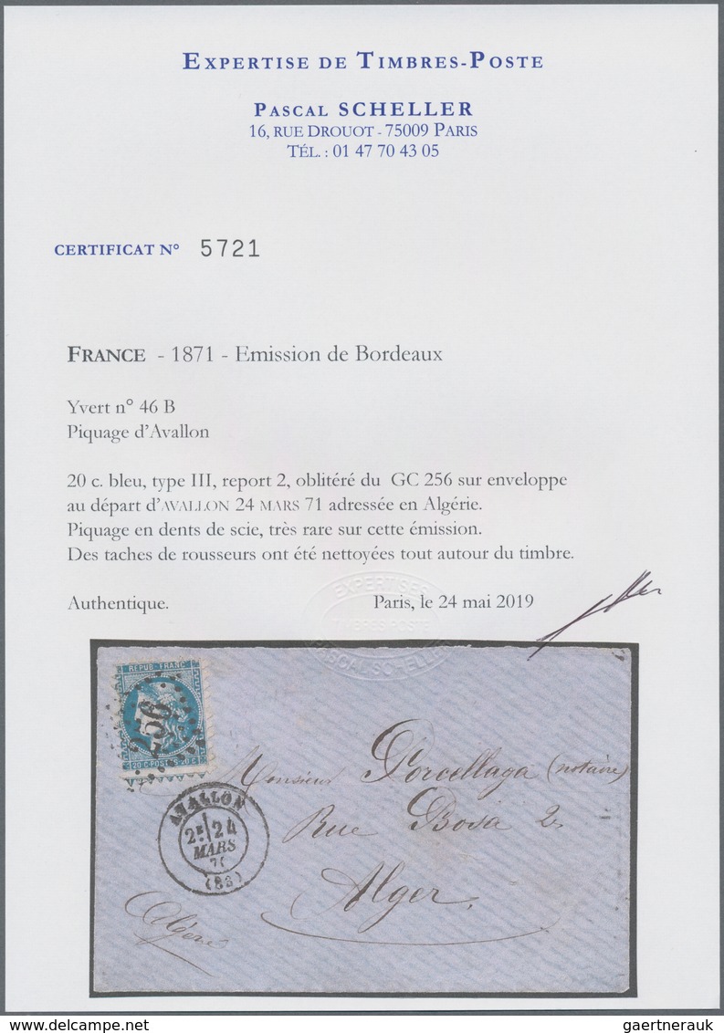 Frankreich: 1871, PIQUAGE D' AVALLON, Bordeaux Issue 20c. Blue Type III With Sawtooth Perforation, S - Sonstige & Ohne Zuordnung