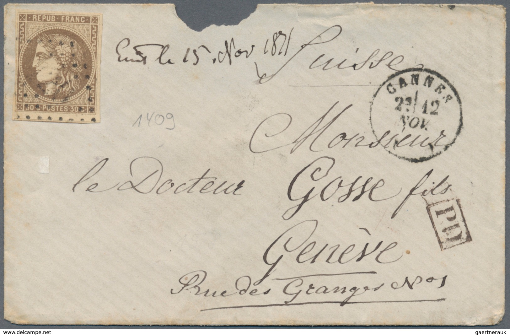 Frankreich: 1871, 10 C Brown Full-/wide Margins On A Small Cover From Cannes To Switzerland, Envelop - Other & Unclassified
