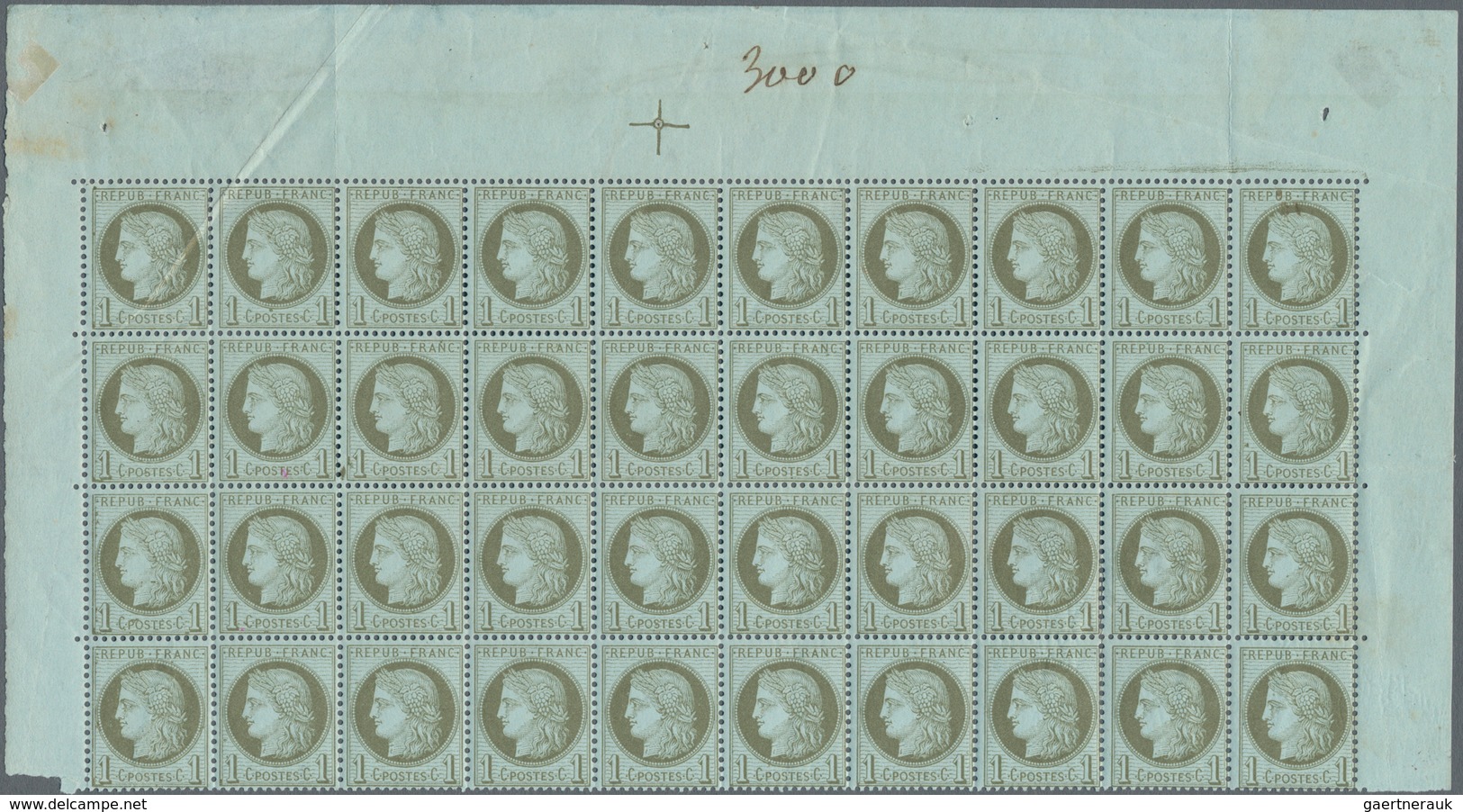 Frankreich: 1872, Ceres 1c. Olive On Bluish, Marginal Block Of 40 (top Part Of Sheet), Fresh Colour, - Sonstige & Ohne Zuordnung
