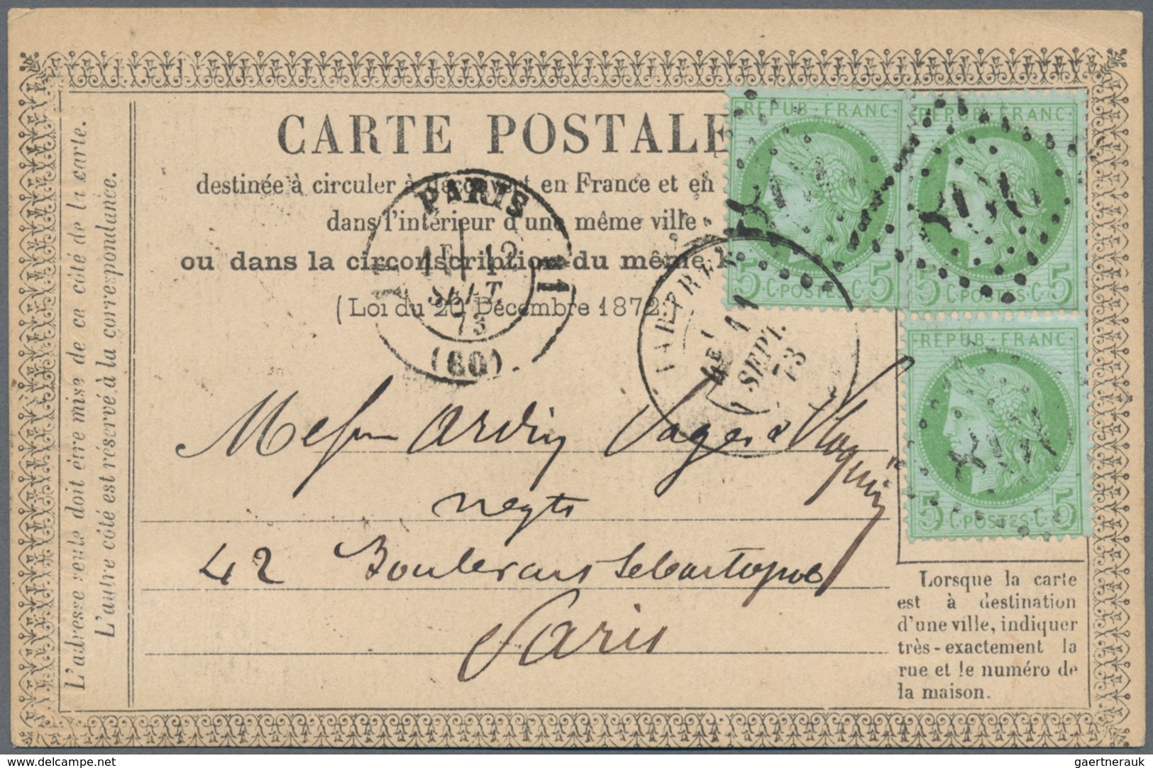 Frankreich: 1873, Three Stamps 5 C Green Multiple Franking On Pre-print Postcard Used In Paris - Andere & Zonder Classificatie