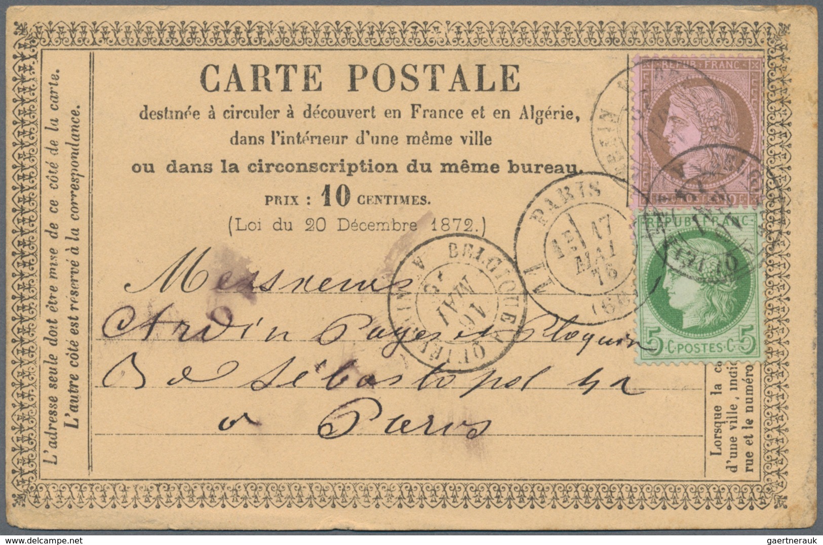 Frankreich: 1876, "BELGIQUE A QUIEVRAIN A" Border-crossing Double Circle Cancel On 5 C And 10 C Cere - Sonstige & Ohne Zuordnung