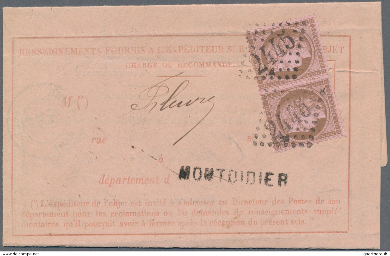 Frankreich: 1874, 10 C Ceres In Horizontal Pair (cease) Oblit. By GC "2445" And Straight Line "MONTD - Other & Unclassified