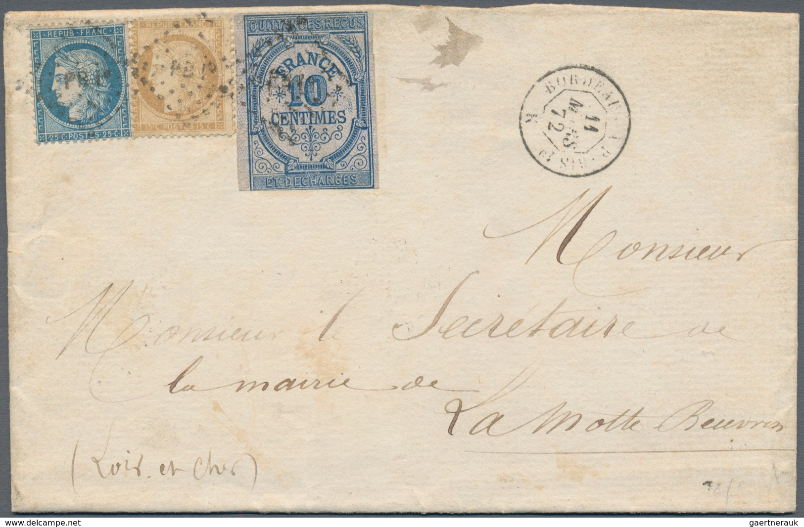 Frankreich: 1872, COMBINATION FRANKING CERES-FISCAL STAMP, 15c. Bistre And 25c. Blue In Combination - Other & Unclassified