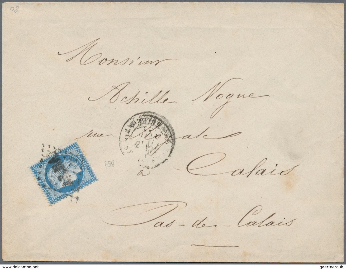 Frankreich: 1873, 25 C Blue Single Franking With Rhombus Cancel "AS.NA" On Letter To Calais, On Reve - Other & Unclassified