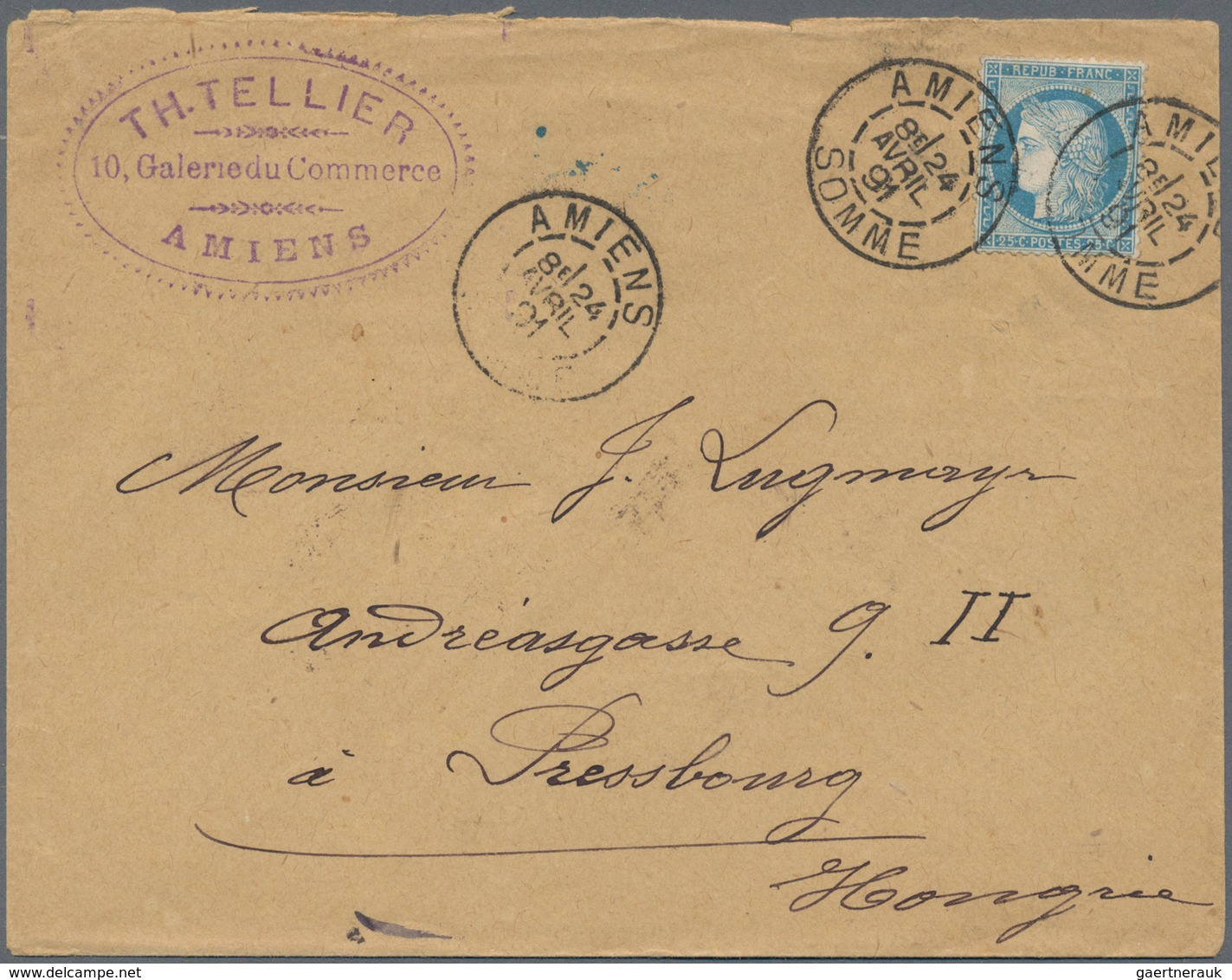 Frankreich: 1891, 25 C Blue Ceres Single Franking On Letter From AMIENS To Hungary, Very Late Using - Sonstige & Ohne Zuordnung
