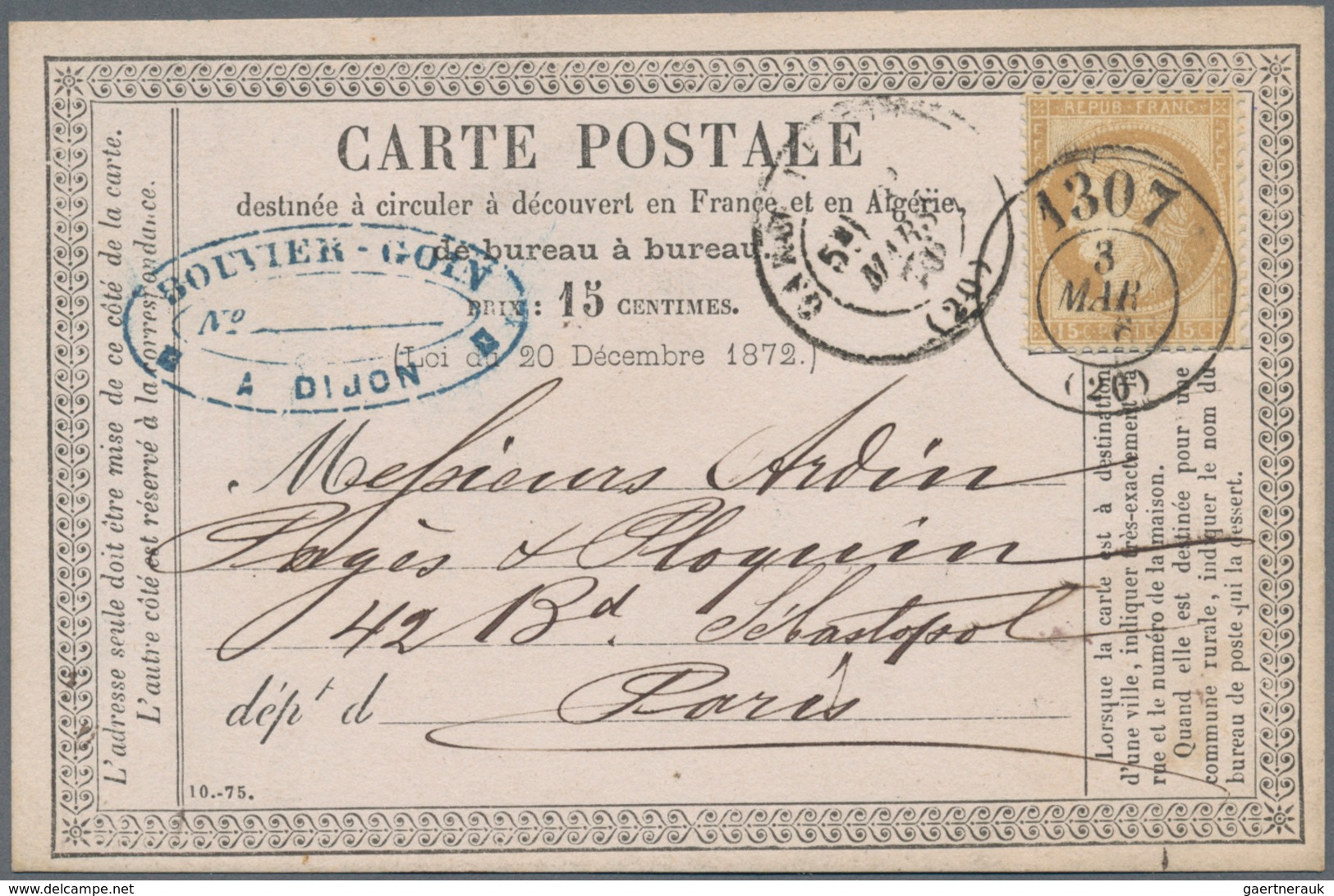 Frankreich: 1876, 15 C Ceres With Double Circle "1307" (Cachet A Date Bureau De Passe) From Dijon On - Andere & Zonder Classificatie