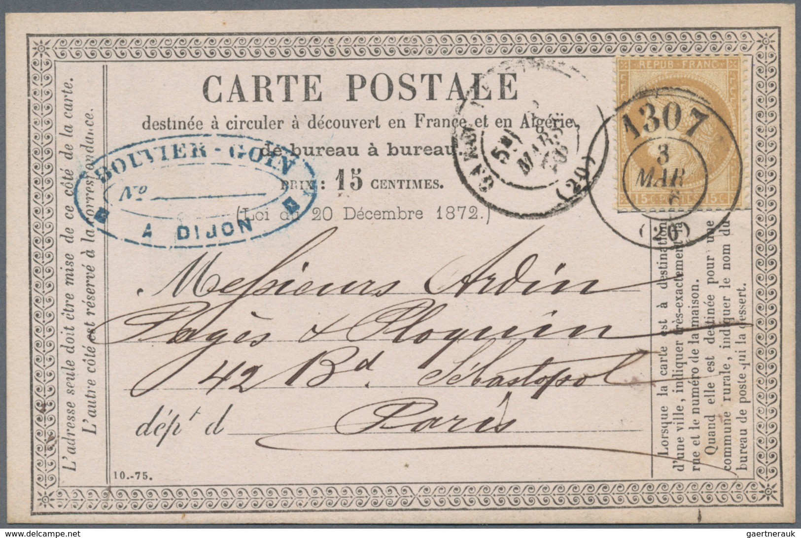 Frankreich: 1876, 15 C Ceres With Double Circle "1307" (Cachet A Date Bureau De Passe) From Dijon On - Other & Unclassified