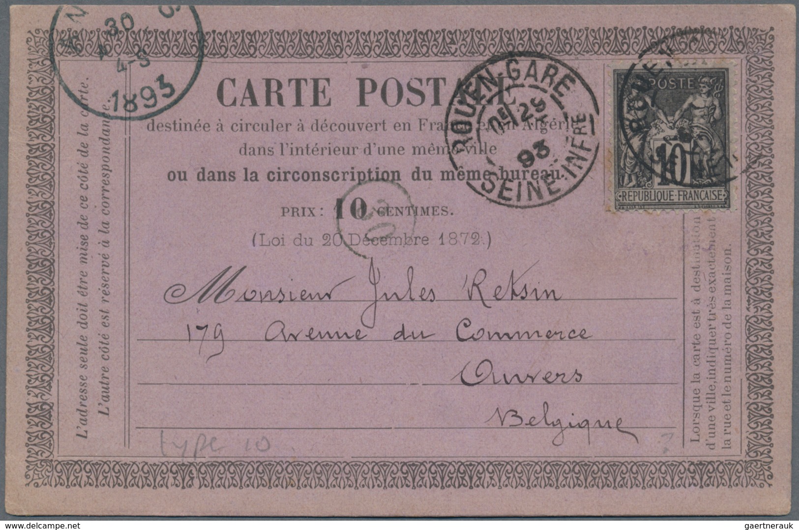 Frankreich: 1893, 10 C Black Single Franking On Form Postcard (pre-print Not Listet By Storch) From - Sonstige & Ohne Zuordnung
