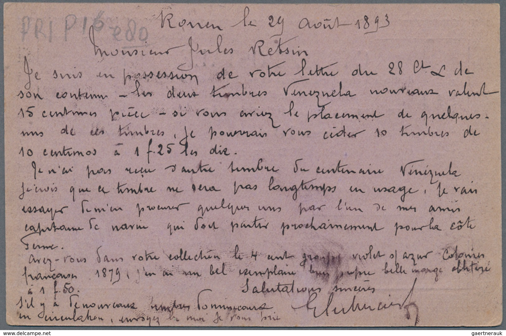 Frankreich: 1893, 10 C Black Single Franking On Form Postcard (pre-print Not Listet By Storch) From - Andere & Zonder Classificatie