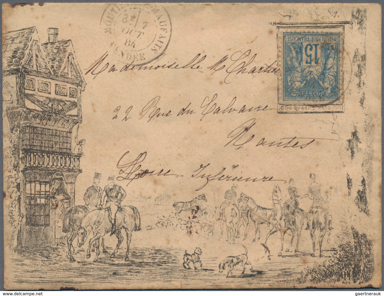 Frankreich: 1884 Illustrated Envelope (depicting "The Queens Head" From An Etching), Used From Mouti - Other & Unclassified