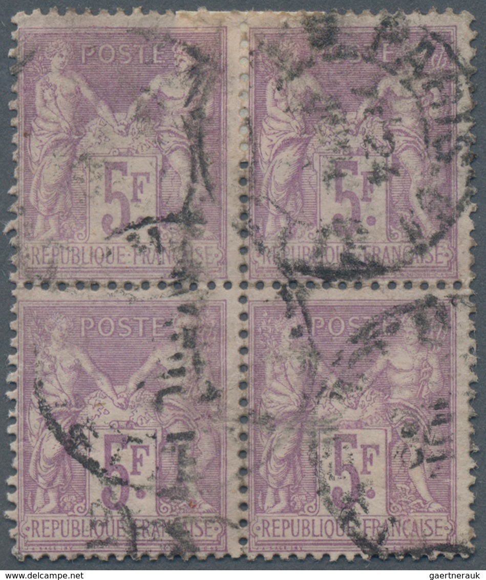 Frankreich: 1877, 5 Fr Allegorie Block Of Four With Double Circle Cancel, One Stamp Defect, Rare Ite - Other & Unclassified