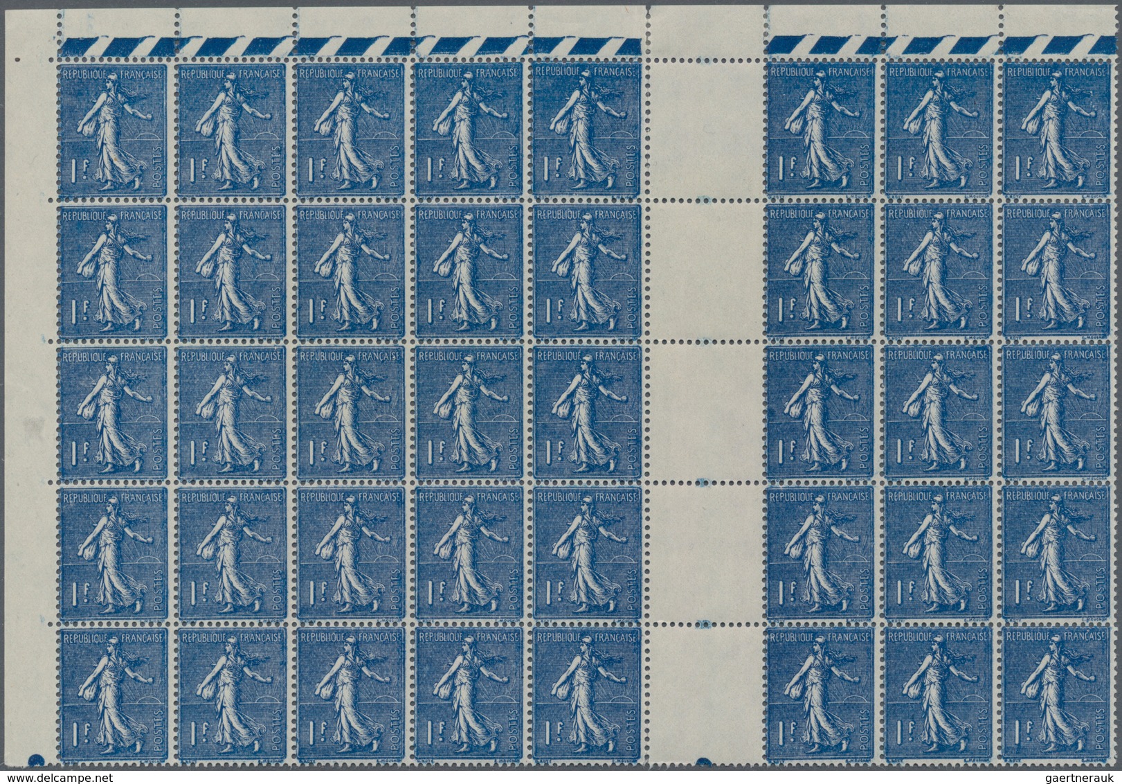 Frankreich: 1928, Semeuse Lignee 1fr. "bleu-noir", Gutter Block Of 40 Stamps, Mint Never Hinged (hin - Sonstige & Ohne Zuordnung