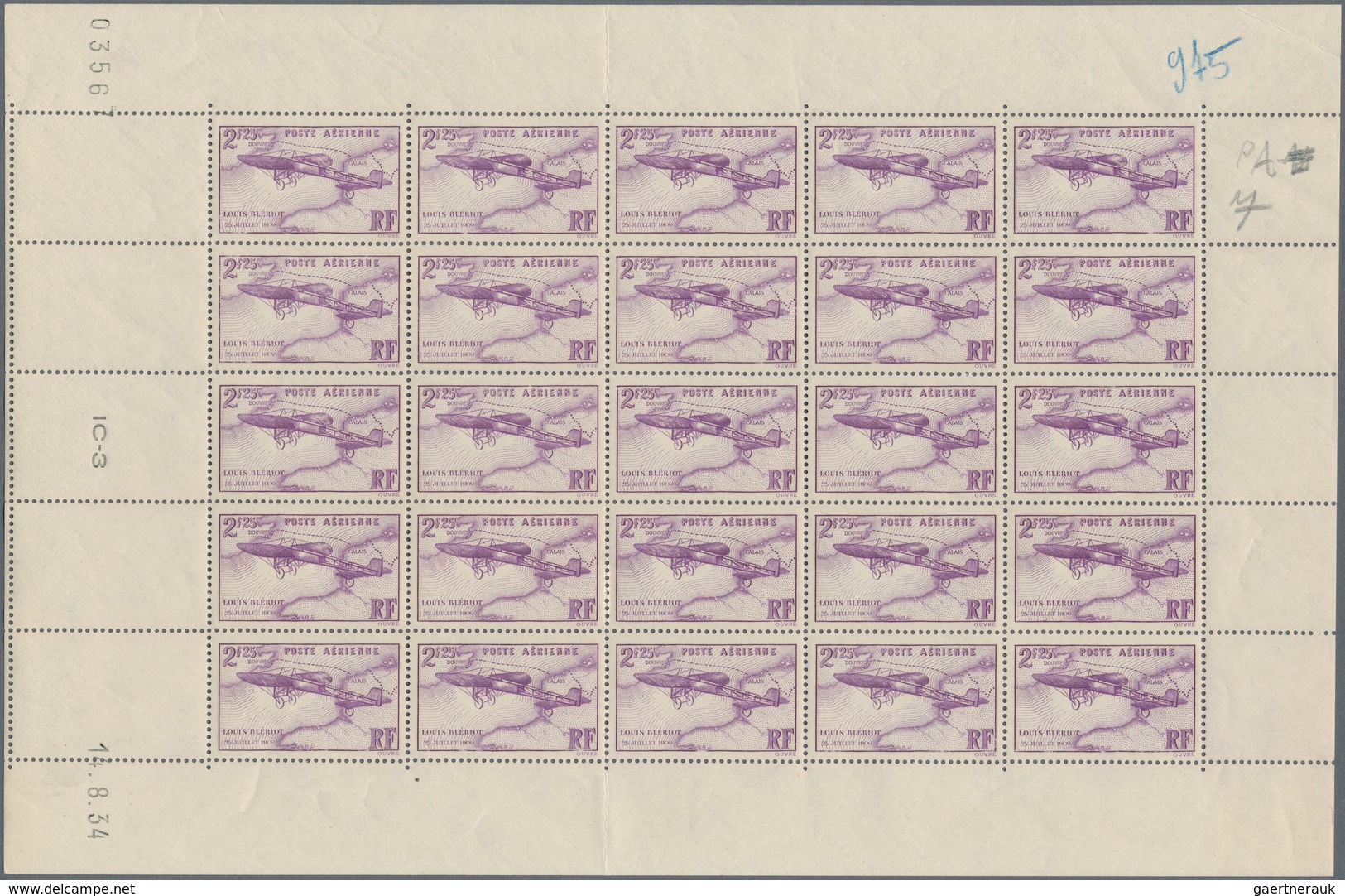 Frankreich: 1934, Airmail Issue 2.25fr. Violet (Bleriot) In A Complete (folded) Sheet Of 25 With Mar - Sonstige & Ohne Zuordnung