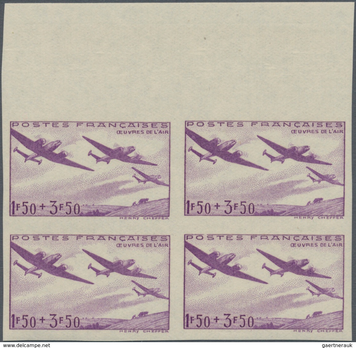 Frankreich: 1942, Victims Of Aerial Warfare, 1.50fr.+3.50fr. Purple, IMPERFORATE Top Marginal Block - Sonstige & Ohne Zuordnung