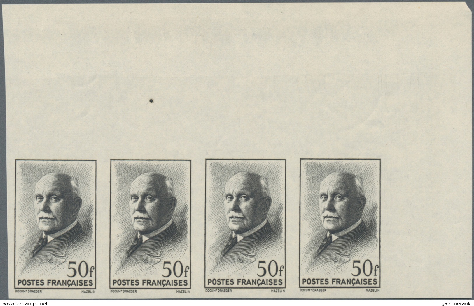 Frankreich: 1942, Definitive Issue Marshall Petain 50fr. Black IMPERFORATE Strip Of Four From Upper - Sonstige & Ohne Zuordnung