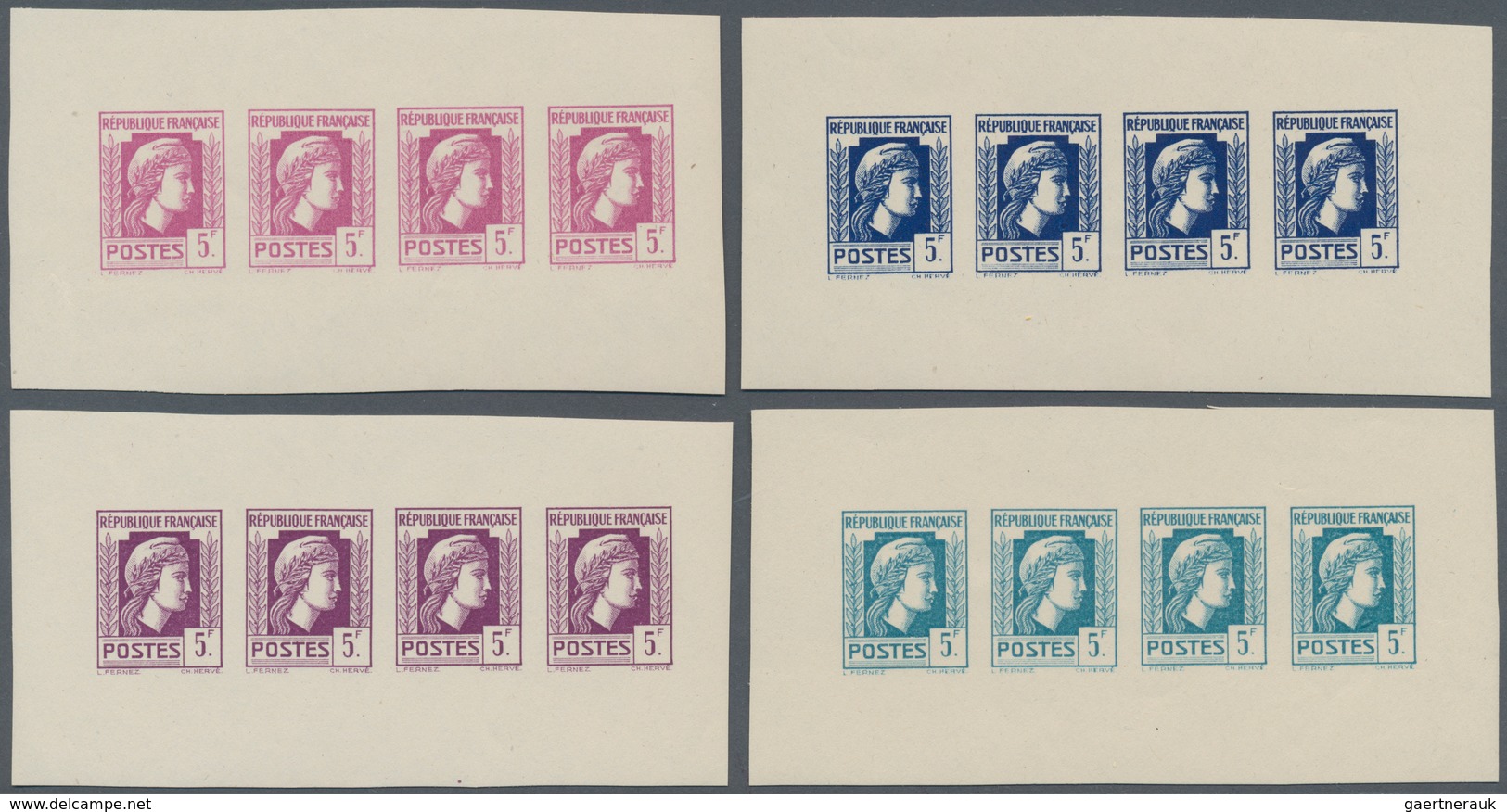 Frankreich: 1944, Definitives "Marianne", Not Issued, 5fr., Group Of Five Imperforate Panes Of Four - Sonstige & Ohne Zuordnung
