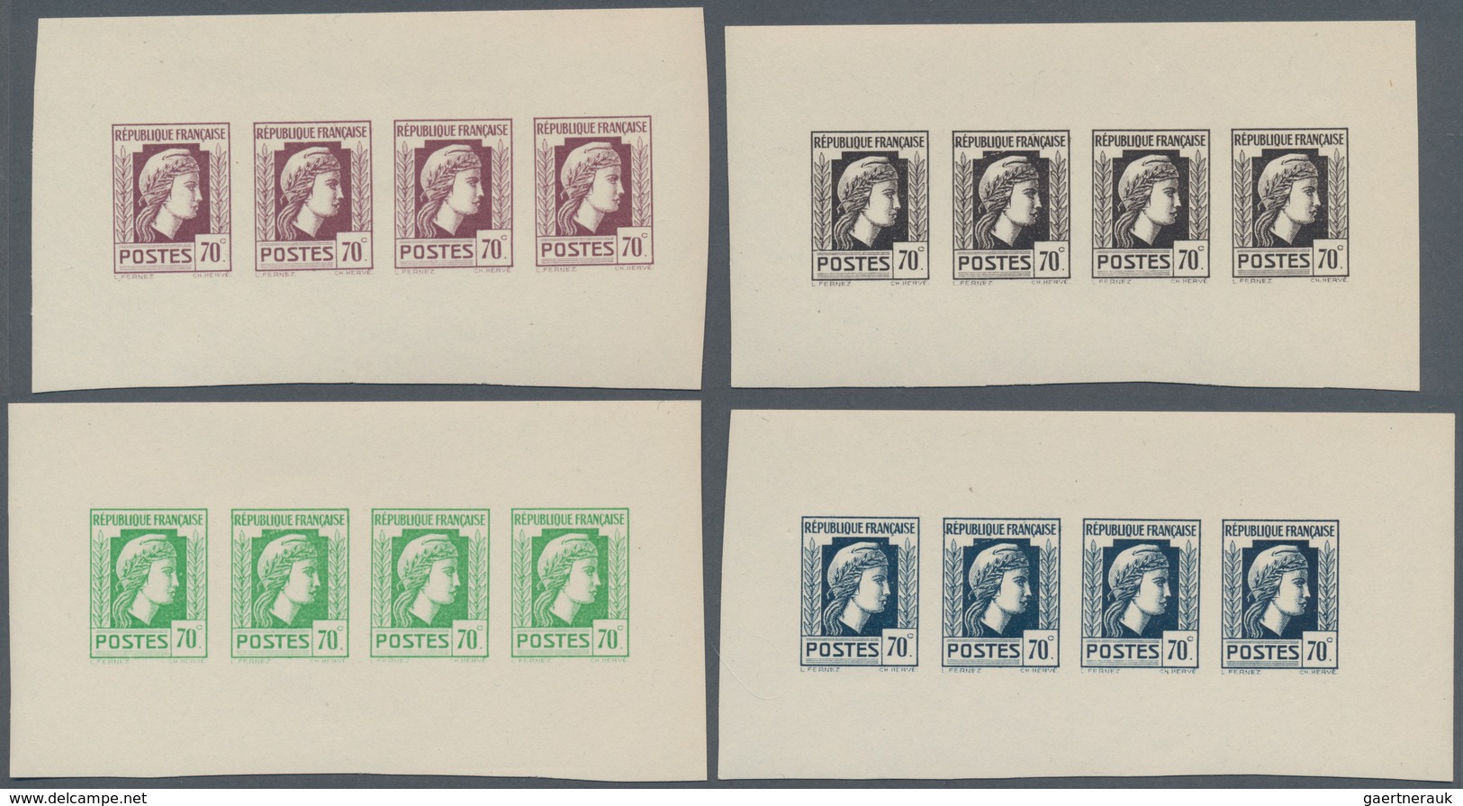 Frankreich: 1944, Definitives "Marianne", Not Issued, 70c., Group Of Four Imperforate Panes Of Four - Sonstige & Ohne Zuordnung