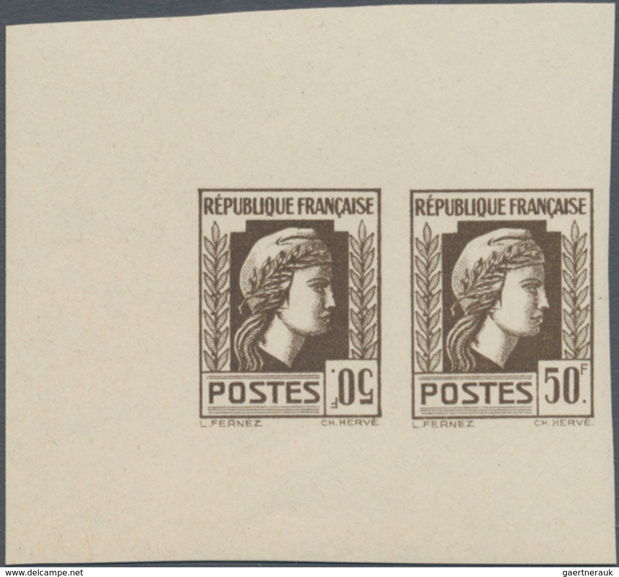 Frankreich: 1944, Definitives "Marianne", Not Issued, 50fr. Olive-brown, Imperforate Essay, Horizont - Sonstige & Ohne Zuordnung