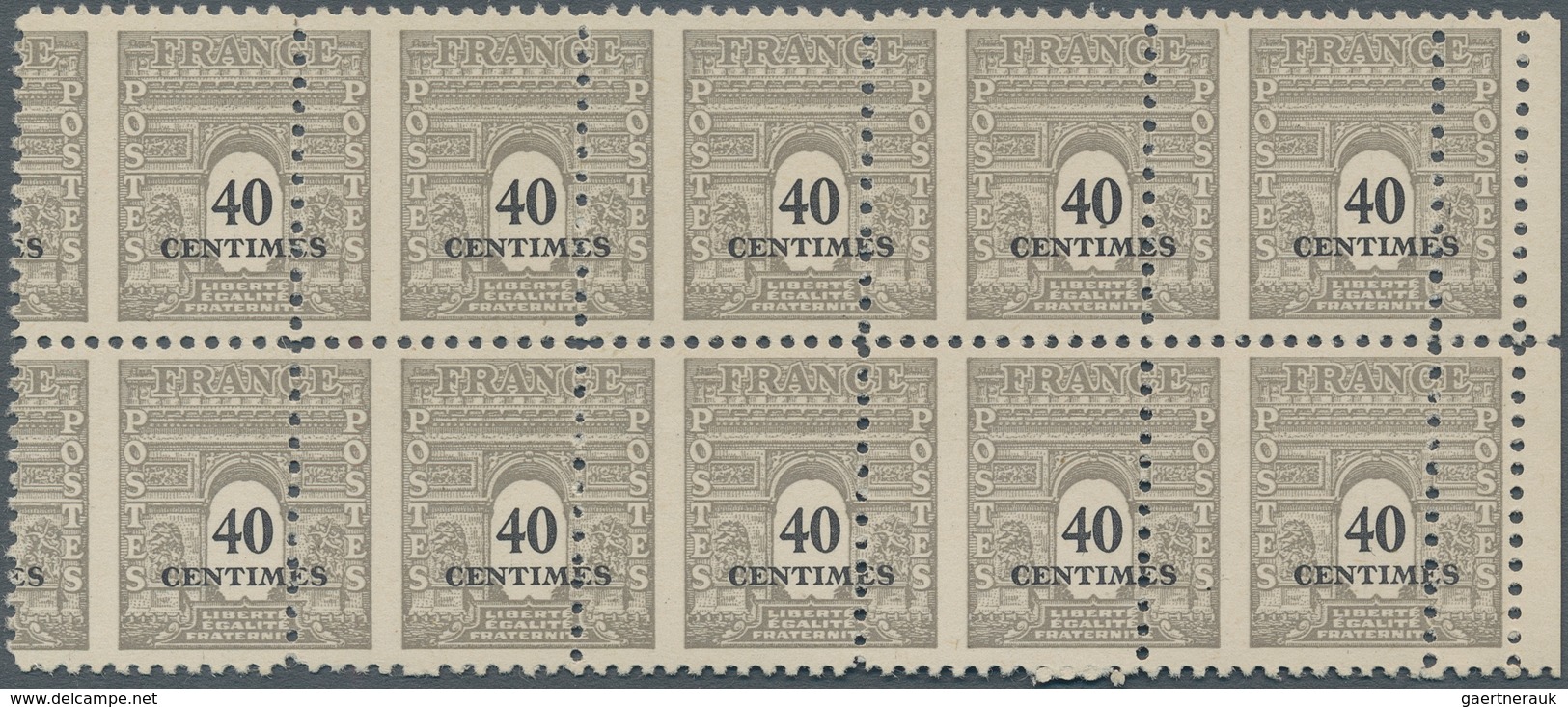 Frankreich: 1945, Defintives 40c. Grey/black, Block Of Ten With Shift Of Vertical Perforation, Mint - Sonstige & Ohne Zuordnung