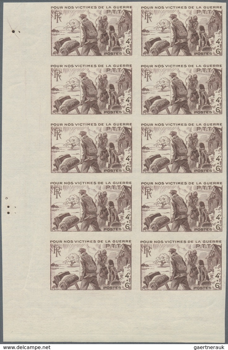 Frankreich: 1945, Wounded P.O. Workers 4+6fr. Brown IMPERFORATE Block Of Ten From Lower Left Corner, - Sonstige & Ohne Zuordnung