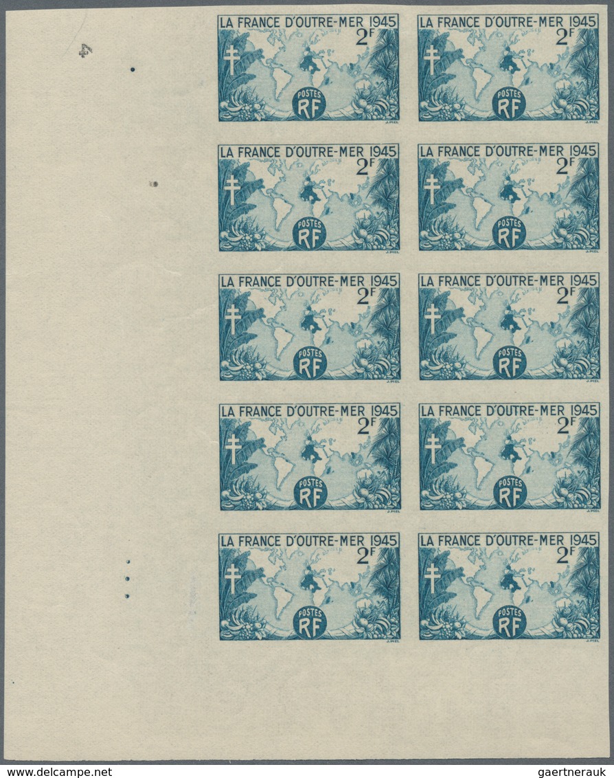 Frankreich: 1945, French Overseas Week 2fr. Greenish-blue IMPERFORATE Block Of Ten From Lower Left C - Sonstige & Ohne Zuordnung
